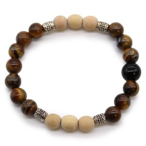 Pulsera elástica de cuentas de ojo de tigre con una cuenta de ónice negro y dos tramos de cuentas de sándalo entre separadores plateados