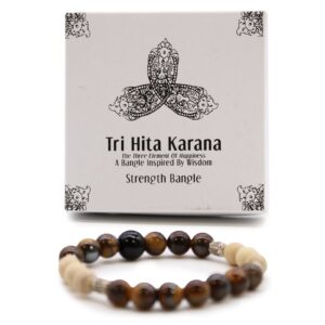 Pulsera elástica de cuentas de ojo de tigre con una cuenta de ónice negro y dos tramos de cuentas de sándalo entre separadores plateados