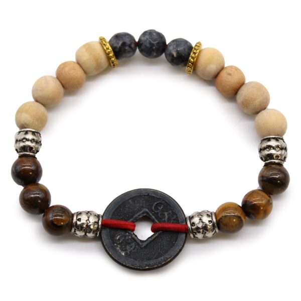 Pulsera elástica con moneda oscura de agujero cuadrado, cuentas de ojo de tigre y cuentas de madera de sándalo