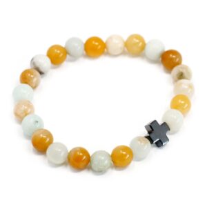 Dos pulseras elásticas de cuentas de amazonita verde pálido y jaspe amarillo, cada una con un signo «+»