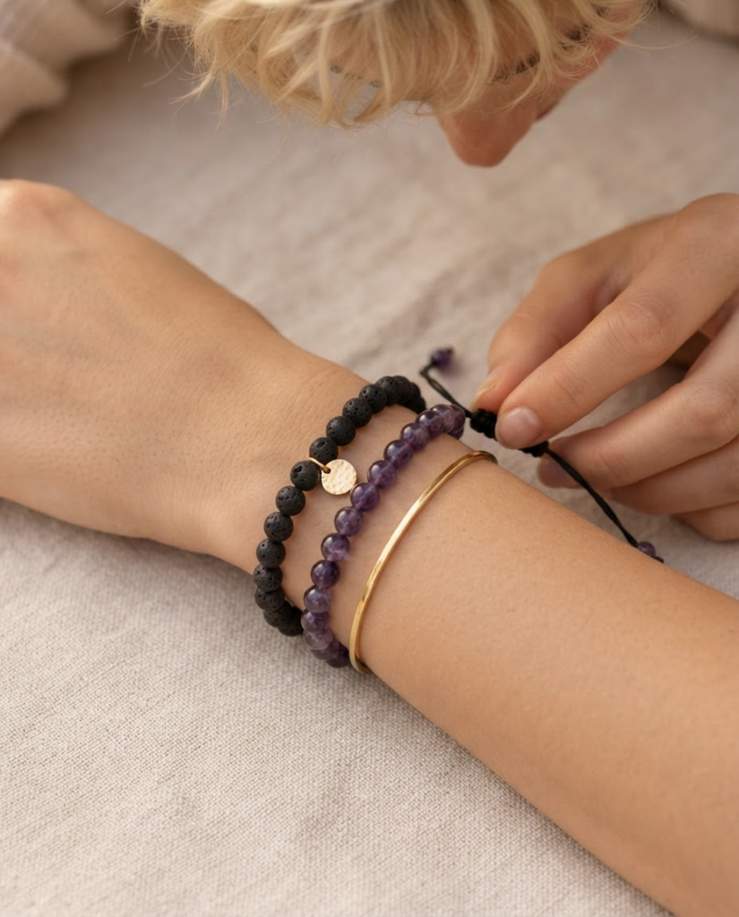 Varias pulseras de cuentas de piedra en una muñeca, con una de piedra de lava negra y un charm dorado