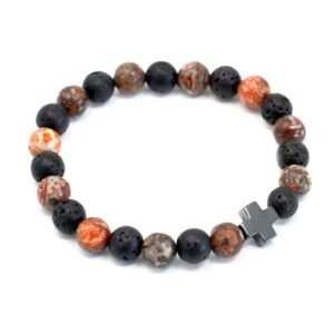 Dos pulseras elásticas de cuentas de lava negra y jaspe piel de leopardo, cada una con un signo «+»