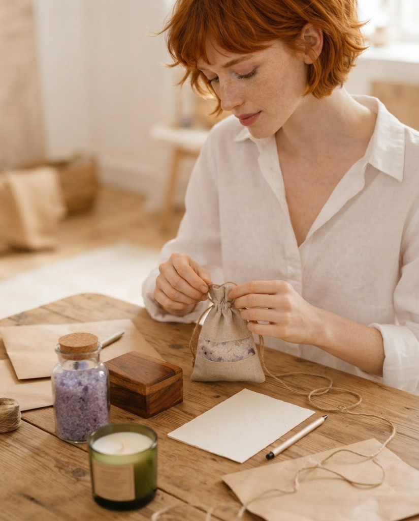 Regalos pequeños envueltos con bolsa de tela y cordel sobre una mesa de madera, con un frasco de sales y una caja de madera