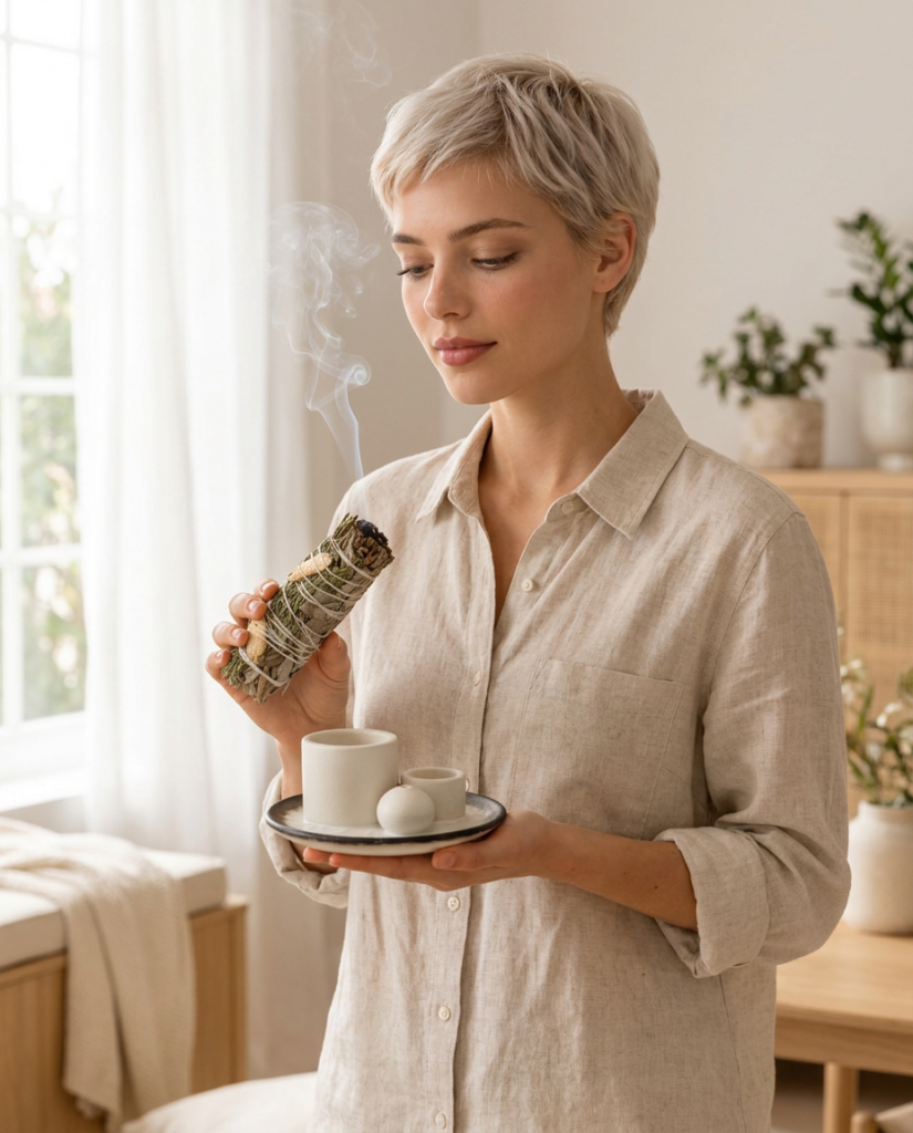 Sahumar la casa con salvia blanca o palo santo: cómo se hace paso a paso 3 Modelo pelirroja sahumando una habitación con un atado de salvia blanca encendido sobre un soporte de cerámica