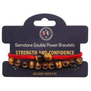 Pulsera elástica de cuentas de ojo de tigre y pulsera de cordón rojo trenzado con dos cuentas de ojo de tigre, sobre su tarjeta