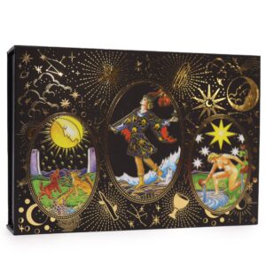 Set de tarot dorado abierto con las cartas en soportes redondos, la caja negra, una pluma dorada, bolsa, tapete, campanilla, piedras y la guía