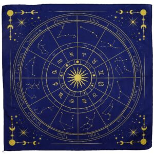 Tapete de tarot azul marino de 75 x 75 cm con la rueda del zodiaco, las constelaciones y un sol estampados en dorado