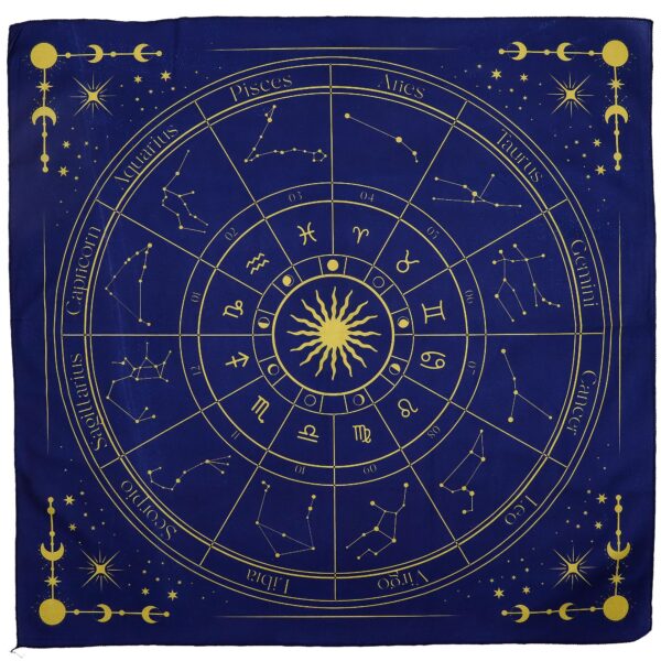 Tapete de tarot azul marino de 75 x 75 cm con la rueda del zodiaco, las constelaciones y un sol estampados en dorado