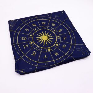 Tapete de tarot azul marino de 75 x 75 cm con la rueda del zodiaco, las constelaciones y un sol estampados en dorado