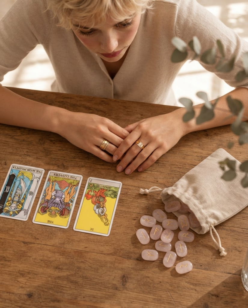 Cartas de tarot extendidas sobre una mesa junto a una bolsa de tela abierta con runas de piedra