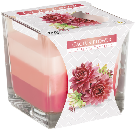 Vela en vaso cuadrado de vidrio con tres capas de cera en tonos rosa y coral y faja de cartón con flores de suculenta