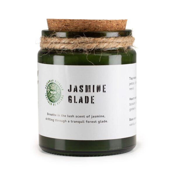 Vela de soja Jasmine Glade en tarro de vidrio verde con tapón de corcho y cordel al cuello