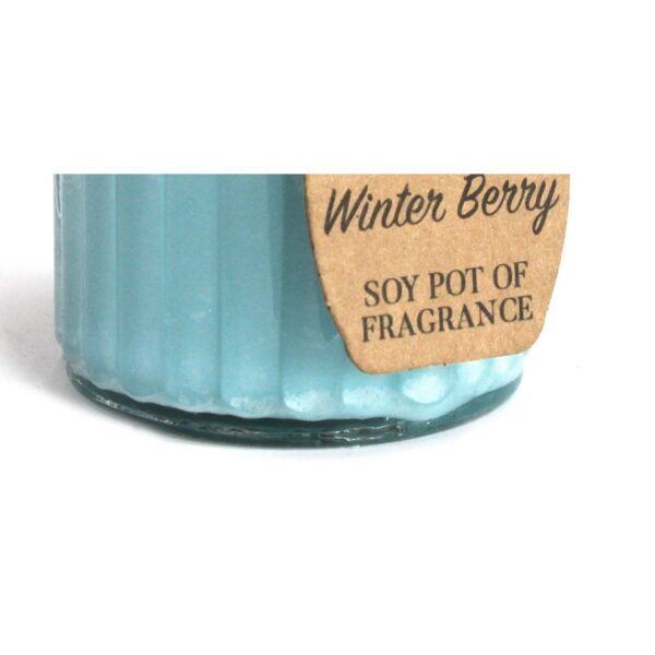 Vela de soja de color azul claro en tarro de cristal estriado con etiqueta kraft que dice Winter Berry