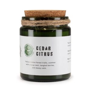 Vela de soja Cedro y cítricos en tarro de vidrio verde con tapón de corcho y cordel de yute