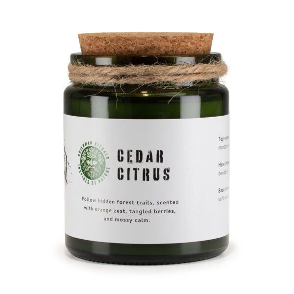 Vela de soja Cedro y cítricos en tarro de vidrio verde con tapón de corcho y cordel de yute