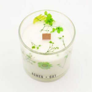 Vela de soja en vaso de vidrio con flores secas verdes junto a su caja blanca