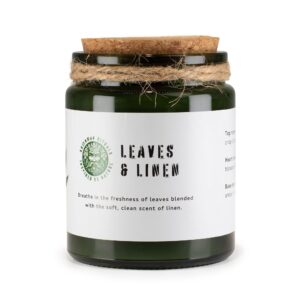 Vela de soja Leaves & Linen en tarro de vidrio verde con tapón de corcho y cordel al cuello