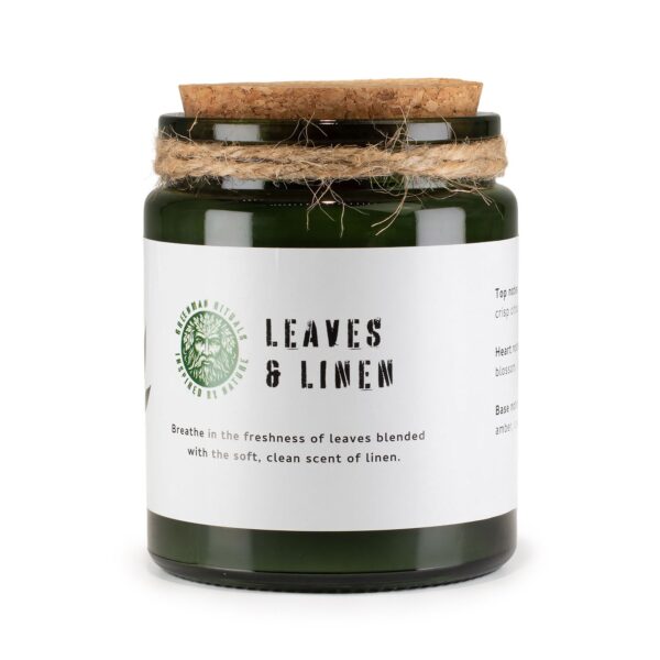 Vela de soja Leaves & Linen en tarro de vidrio verde con tapón de corcho y cordel al cuello