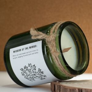 Vela de soja Musgo y neblina en tarro de vidrio verde con tapón de corcho y cordel de yute