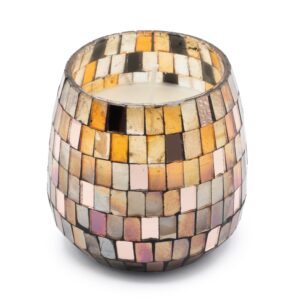 Vela blanca en tarro redondeado cubierto de mosaico de teselas de vidrio ámbar, bronce, perla y espejo