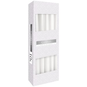 Caja de diez velas cónicas color blanco con ventanas que dejan ver las velas