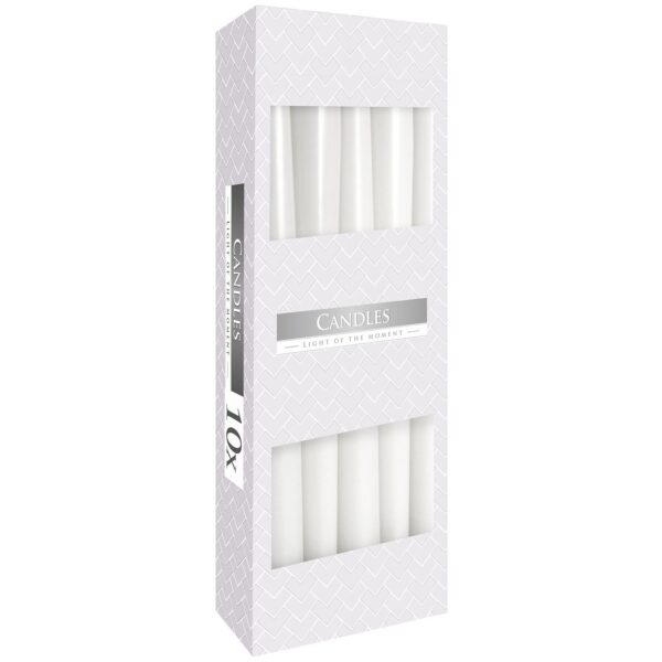 Caja de diez velas cónicas color blanco con ventanas que dejan ver las velas