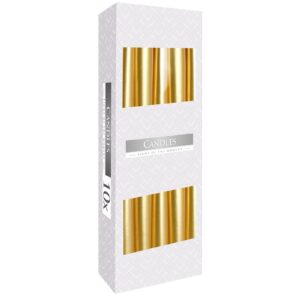 Caja de diez velas cónicas color dorado metalizado con ventanas que dejan ver las velas