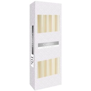 Caja de diez velas cónicas color marfil con ventanas que dejan ver las velas