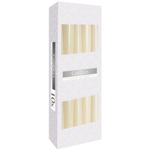 Caja de diez velas cónicas color marfil con ventanas que dejan ver las velas