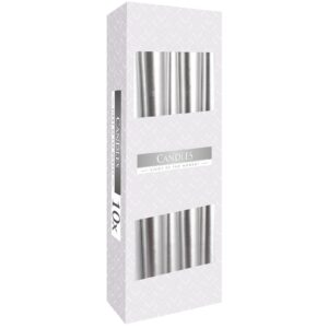 Caja de diez velas cónicas color plateado metalizado con ventanas que dejan ver las velas