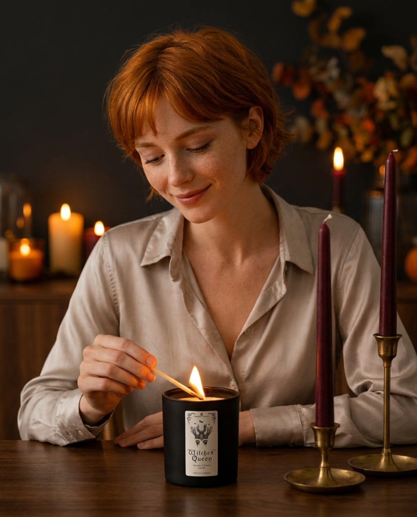 Modelo pelirroja encendiendo una vela ritual de cera de soja en una mesa con velas cónicas de color burdeos