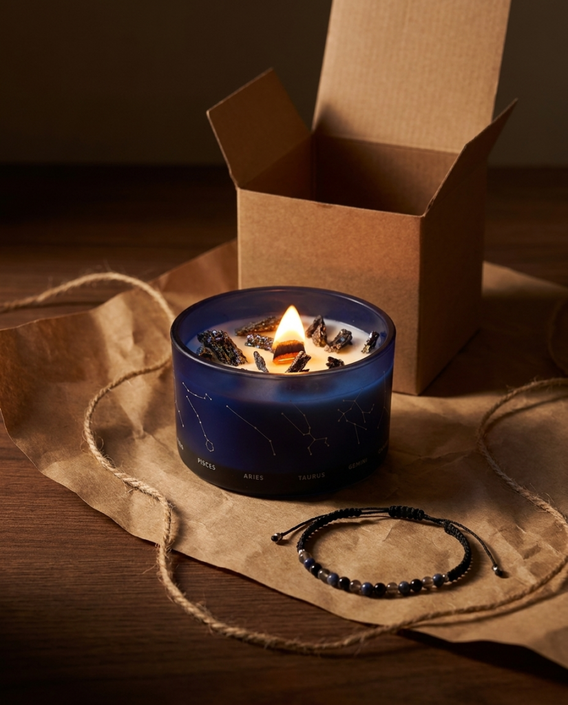 Vela de signo del zodiaco en vaso junto a su pulsera de piedras y la caja abierta sobre una mesa de madera