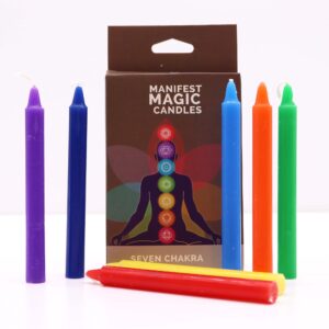 Siete velas finas de los colores de los chakras, de pie en fila del rojo al azul oscuro y violeta, delante de su caja