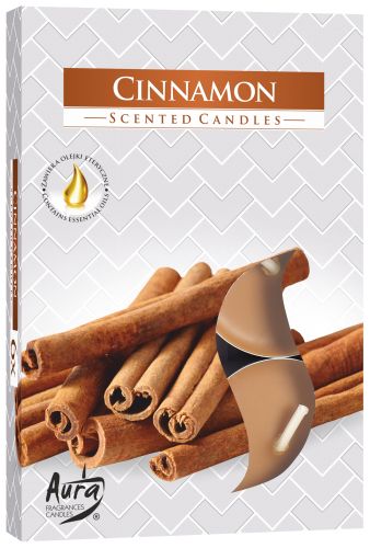 Caja de seis velas de té perfumadas de canela, con ramas de canela en la tapa