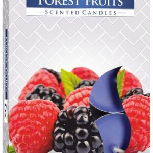 Caja de seis velas de té perfumadas de frutos del bosque, con frambuesas y moras en la tapa