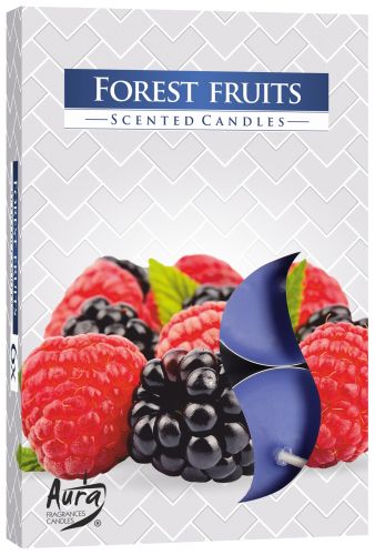 Caja de seis velas de té perfumadas de frutos del bosque, con frambuesas y moras en la tapa