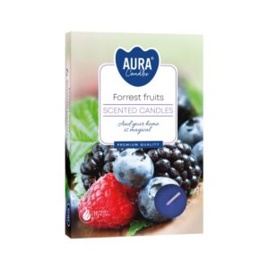 Caja de seis velas de té perfumadas de frutos del bosque, con frambuesas y moras en la tapa